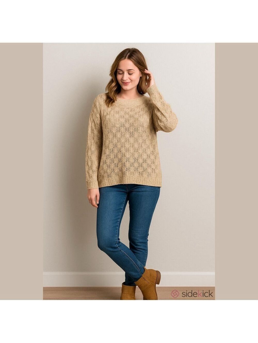 Sundance Open Knit Sweater Asymmetrical Tan Long Sleeve Boatneck Cotton Boxy L